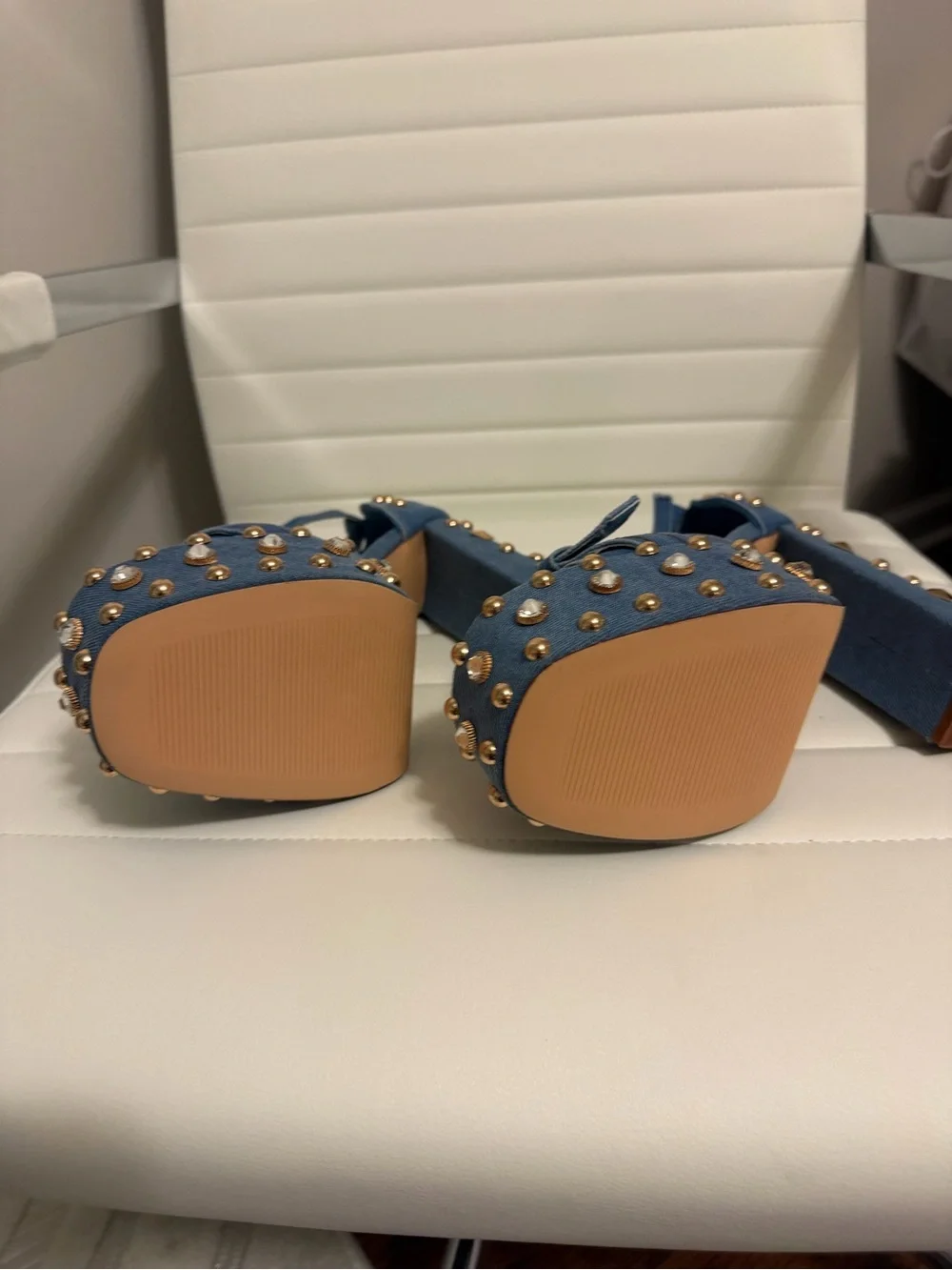 Denim Platform Stud Heels with Gold Accents - Blue
